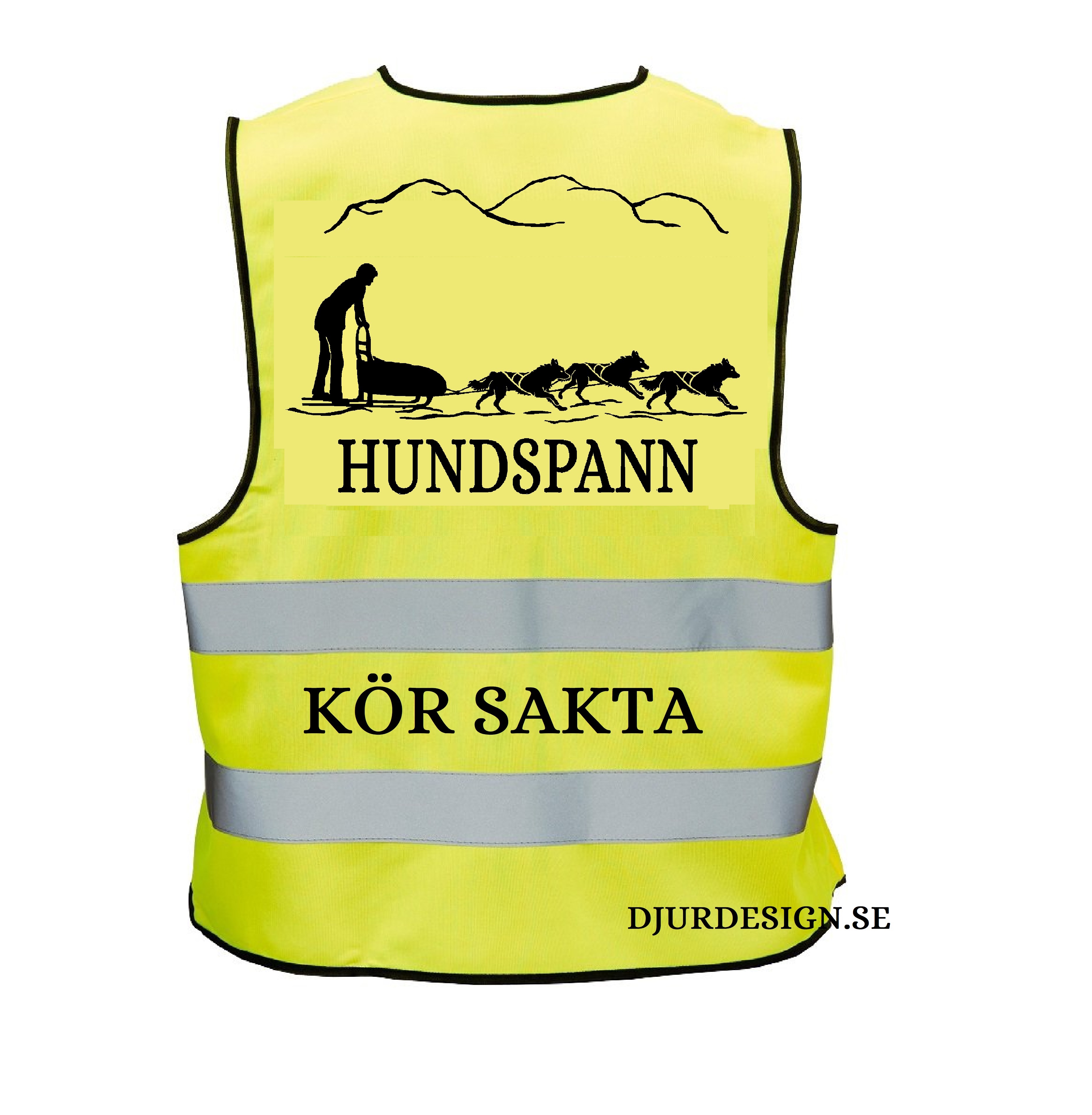 Reflexväst Gul Orange eller Rosa Motiv hundspann med 3 hundar &  fjälltoppar samt text HUNDSPANN KÖR SAKTA 