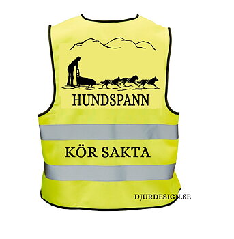 Reflexväst Gul Orange eller Rosa Motiv hundspann med 3 hundar &  fjälltoppar samt text HUNDSPANN KÖR SAKTA 