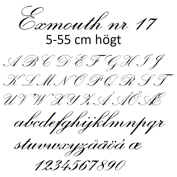 Nr 17 Klisterdekal egen text typsnitt Exmouth i flera färger 5 -25 cm höga Priset är per bokstav