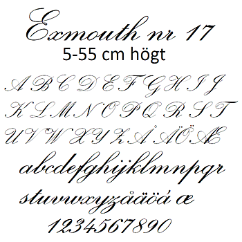 Nr 17 Klisterdekal egen text typsnitt Exmouth i flera färger 5 -25 cm höga Priset är per bokstav