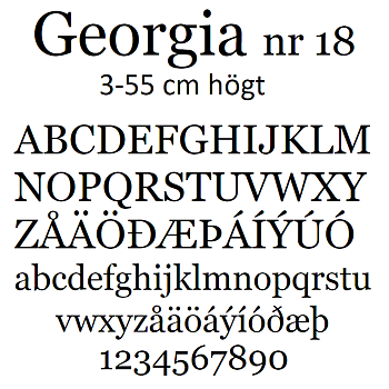 Nr 18 Klisterdekal egen text typsnitt Georgia i flera färger 3- 25 cm höga  Priser är per bokstav