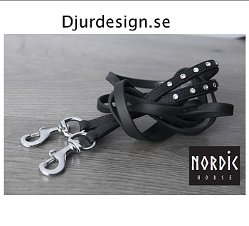  Nordic-Hors äkta biothane tygel svart med 5 stenar som sitter i läder delen, hakar crom Längd 248 cm Bred 13 mm