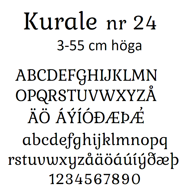Nr 24 Klisterdekal egen text typsnitt  Kurale i flera färger 3- 25 cm höga  Priser är per bokstav