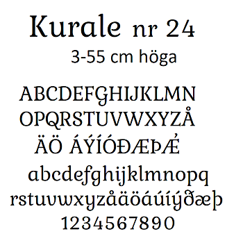 Nr 24 Klisterdekal egen text typsnitt  Kurale i flera färger 3- 25 cm höga  Priser är per bokstav