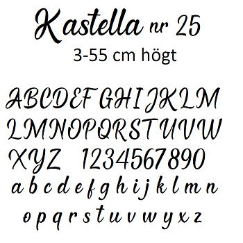 Nr 25 Klisterdekal egen text typsnitt  Kastella i flera färger 3- 25 cm höga  Priser är per bokstav