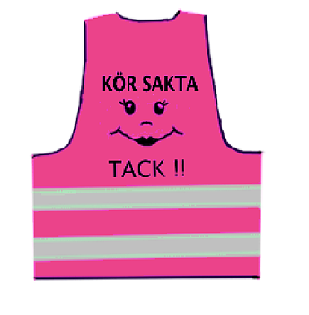 Reflexväst i rosa med texten Kör sakta :) i svart tryck