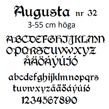 Nr 32 Klisterdekal egen text typsnitt  Augusta i flera färger 3- 25 cm höga  Priser är per bokstav
