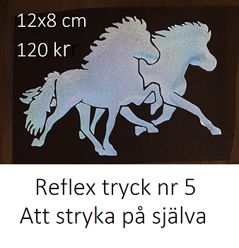Nr 5 Reflextryck ljusgrå islandshästar i tölt & pass för egna kläder  12 x 8 cm