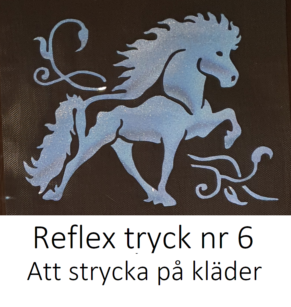 Nr 6 Reflextryck ljusgrå islandshäst i tölt & slinga 10 x 10 cm. För egna kläder  
