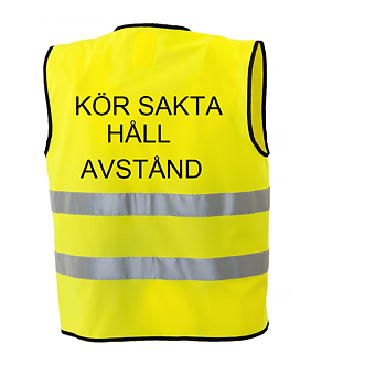 Reflexväst gul med text i svart KÖR SAKTA / HÅLL / AVSTÅND