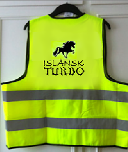 Reflexväst färg gul med tryck i svart en islandshäst med texten " ISLÄNDSK TURBO "