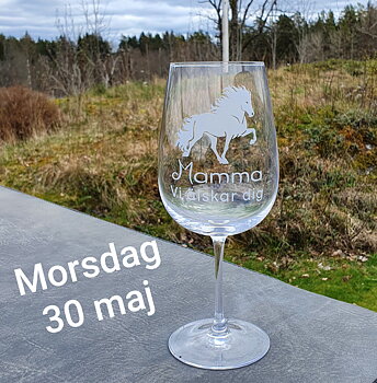 Vinglas på fot 68 cl gravyr med texten under islandshästen Mamma vi älskar dig