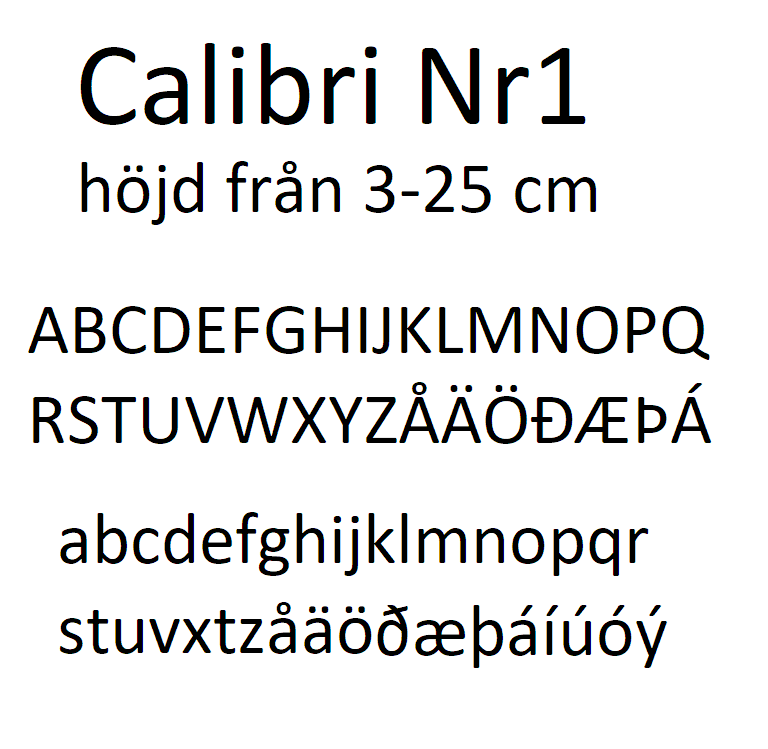 Nr 1 Klisterdekal egen text Calibri typsnitt i flera färger 3- 25 cm höga Priset är per bokstav