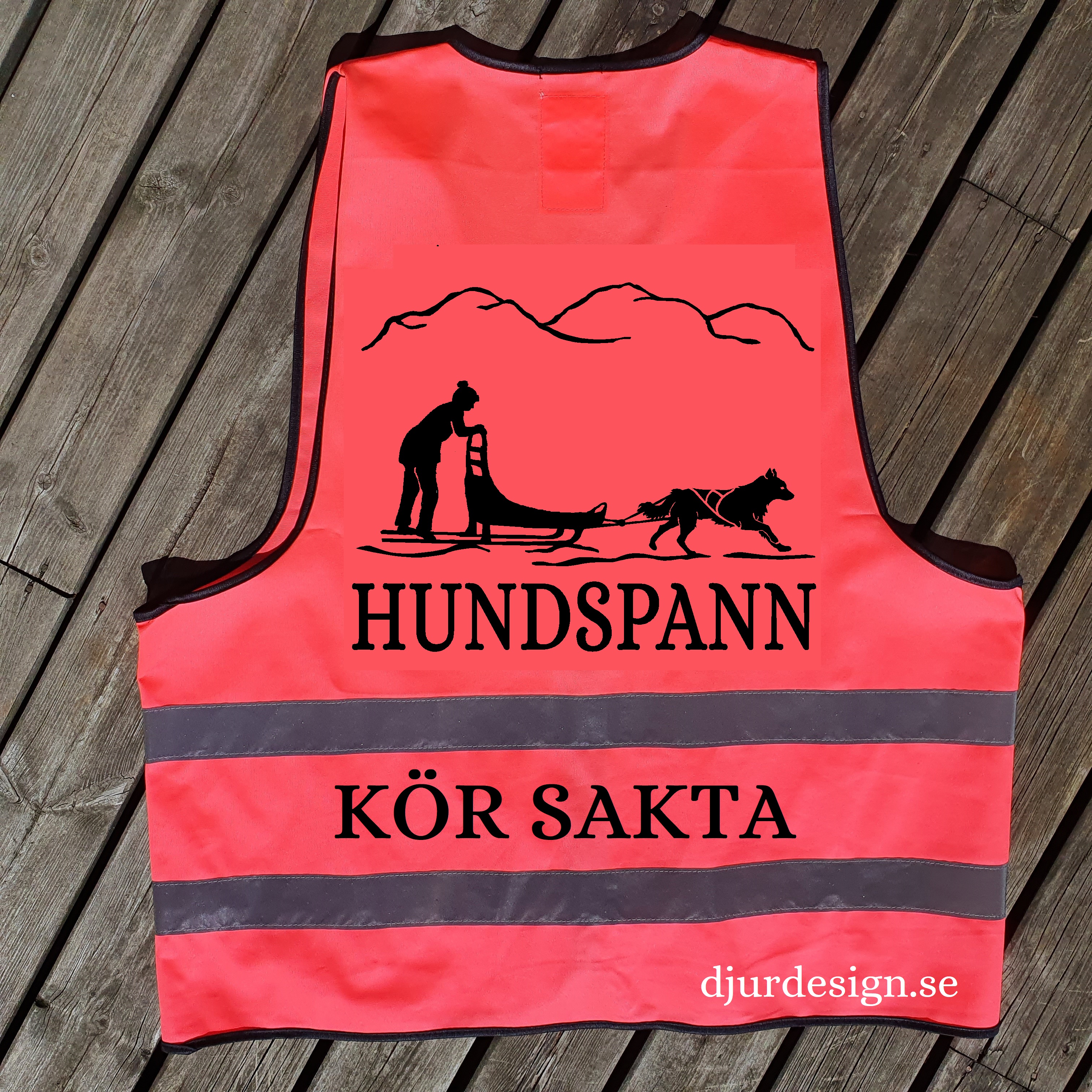 Barn  reflexväst  4 - 10 år rosa - gul - orange Motiv humdspann berg text HUNDSPANN KÖR SAKTA
