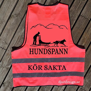 Barn  reflexväst  4 - 10 år rosa - gul - orange Motiv humdspann berg text HUNDSPANN KÖR SAKTA