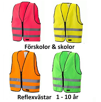 Reflexvästar förskolor / skolor med text. Färg Rosa Gul Grön Orange XXS -S