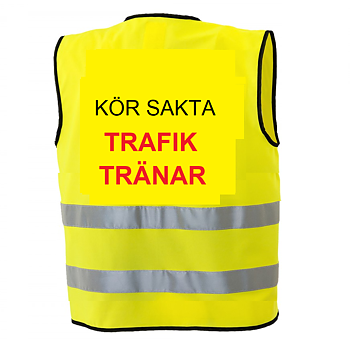 Reflexväst gul med text i svart och röd KÖR SAKTA/ TRAFIK /TRÄNAR