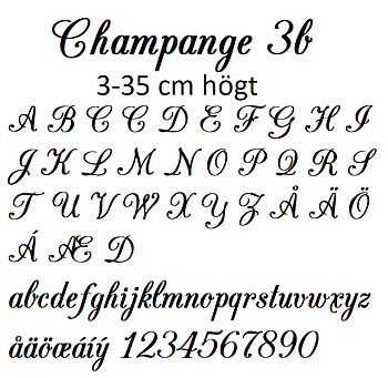 Nr 3b Klisterdekal egen text typsnitt Champange i flera färger & storlekr 3- 25 cm höga Priset är per bokstav
