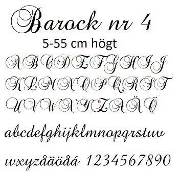 Nr 4 Klisterdekal egen text typsnitt Barock i flera färger 5 -25 cm höga Priset är per bokstav