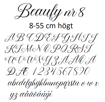 Nr 8 Klisterdekal egen text typsnitt Beaufy i flera färger 8 - 30 cm höga  Priser är per bokstav