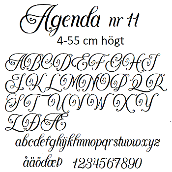 Nr 11 Klisterdekal egen text typsnitt Agenda i flera färger 4- 25 cm höga  Priser är per bokstav