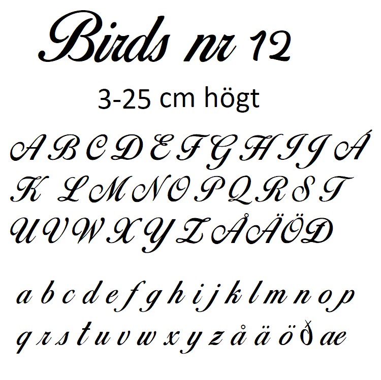 Nr 12 Klisterdekal egen text typsnitt Birds i flera färger 3- 25 cm höga  Priser är per bokstav