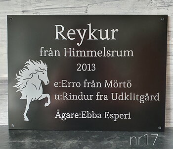 Nr 17 Boxskylt med islandshäst samt Namn Gårdsnamn År e & u Ägare