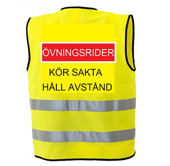 Reflexväst gul med röd ruta med vit text ÖVNINGSRIDER / svart text KÖR SAKTA / HÅLL AVSTÅND