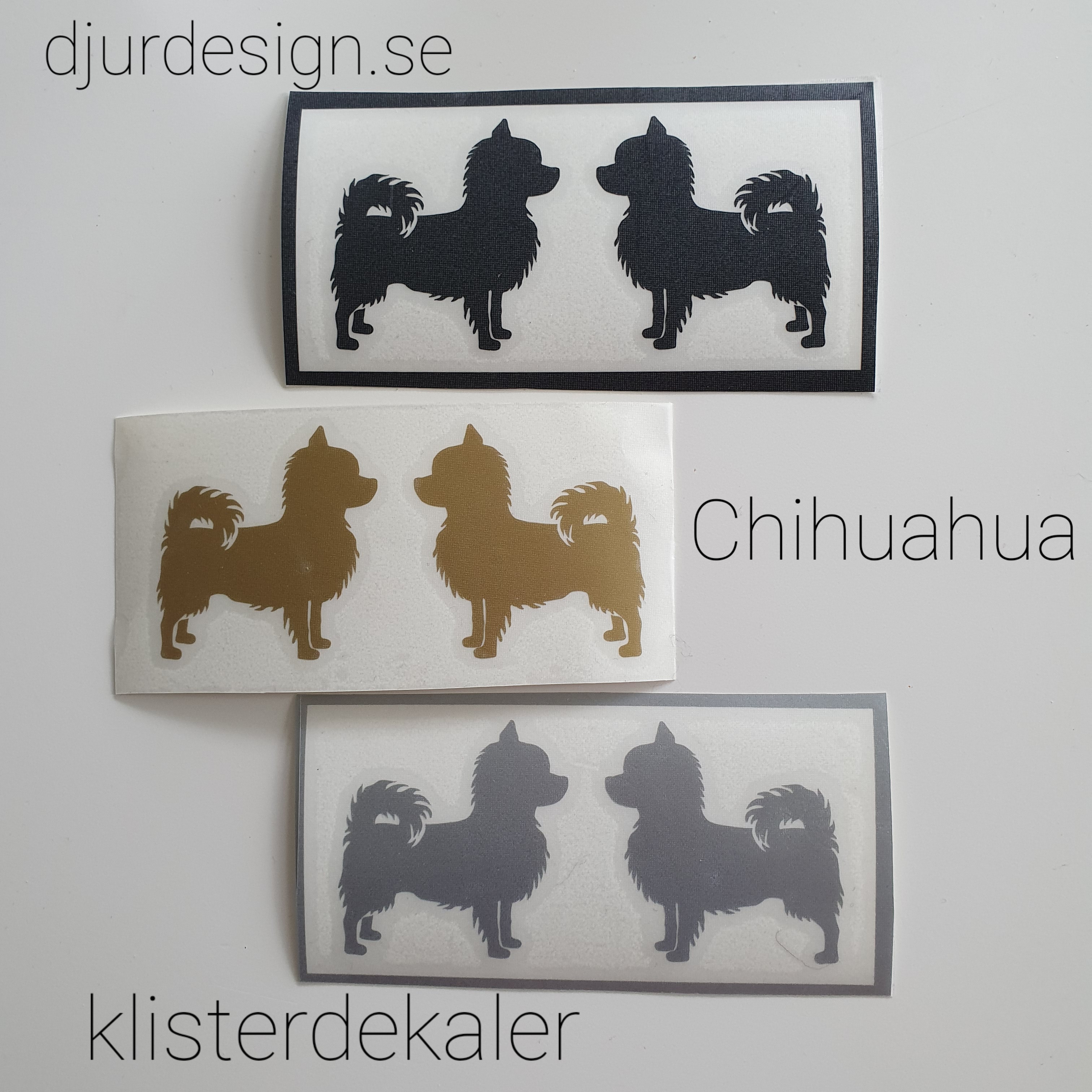 Chihuahua långhår  klisterdekaler  i 14 olika färger. 5 cm