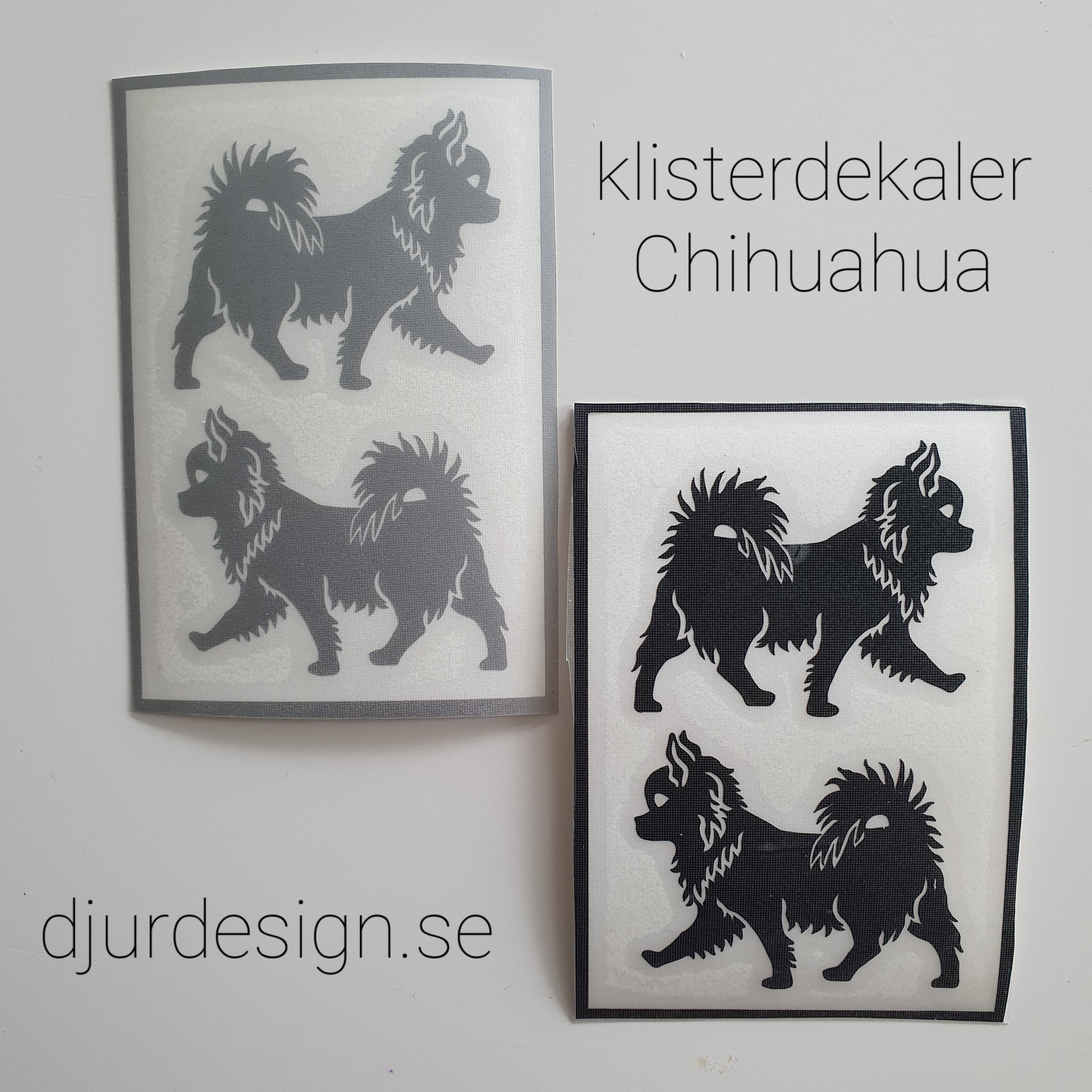 Chihuahua långhår  klisterdekaler  i 14 olika färger. ca 5 cm