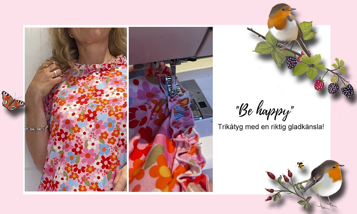 Jerseytyg ekologisk bomull, "Be happy ", metervara