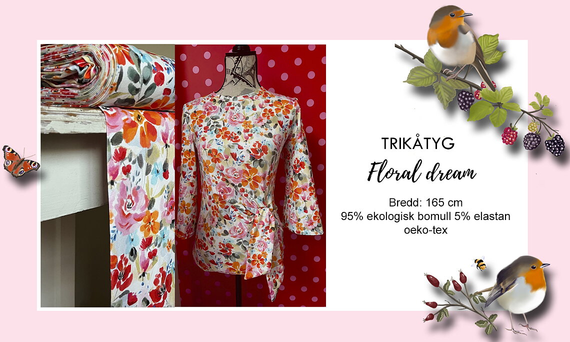 ÅTER I LAGER! Jerseytyg ekologisk bomull, "FLORAL DREAM", metervara
