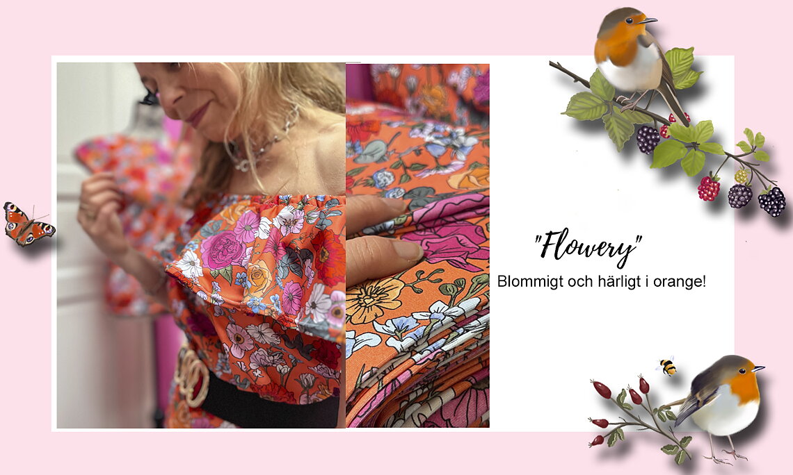 SISTA BITARNA! Jerseytyg ekologisk bomull, "Flowery ", metervara