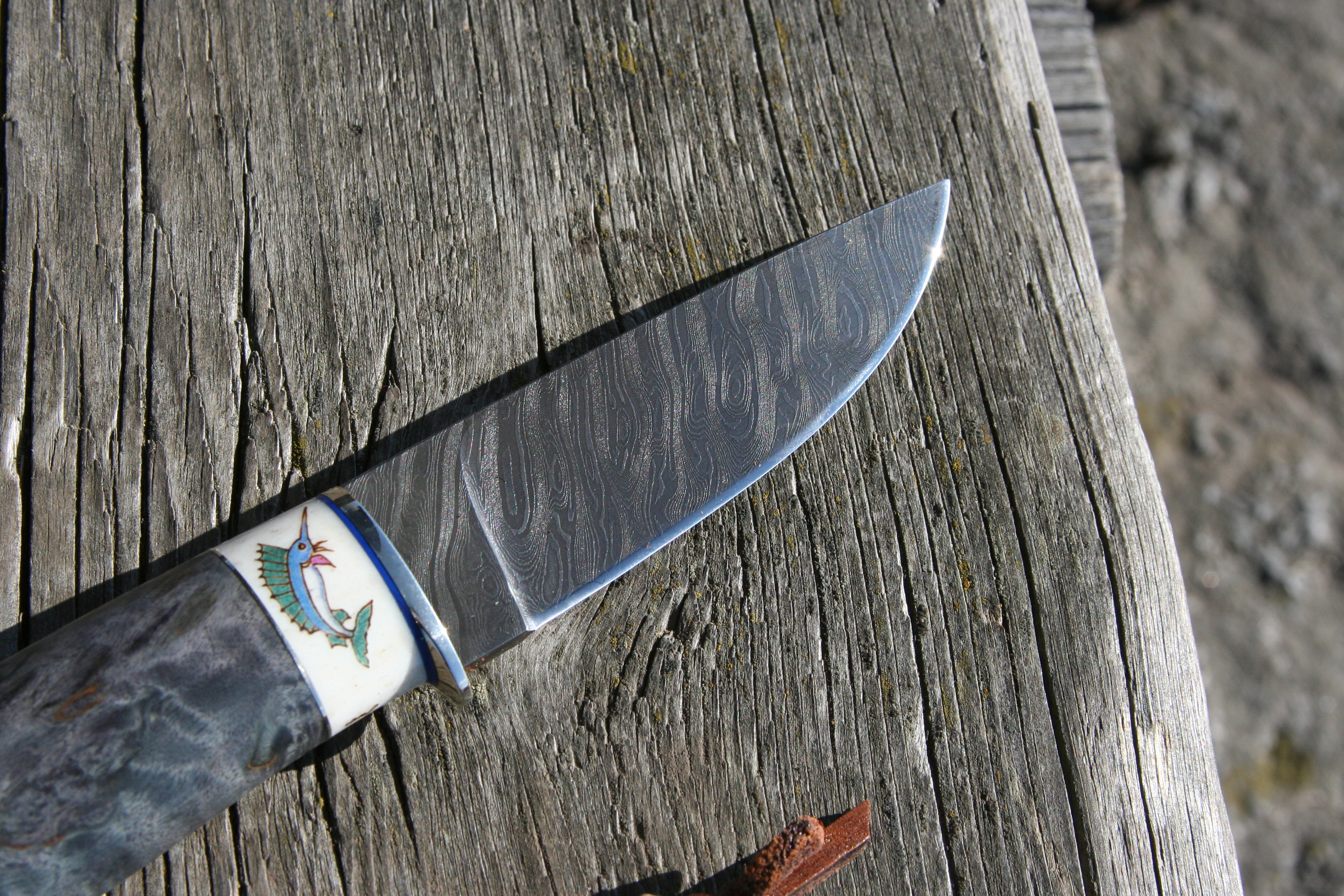 Blue Marlin Scrimshawed High Vanadium Damascus Custom Hunter - 10