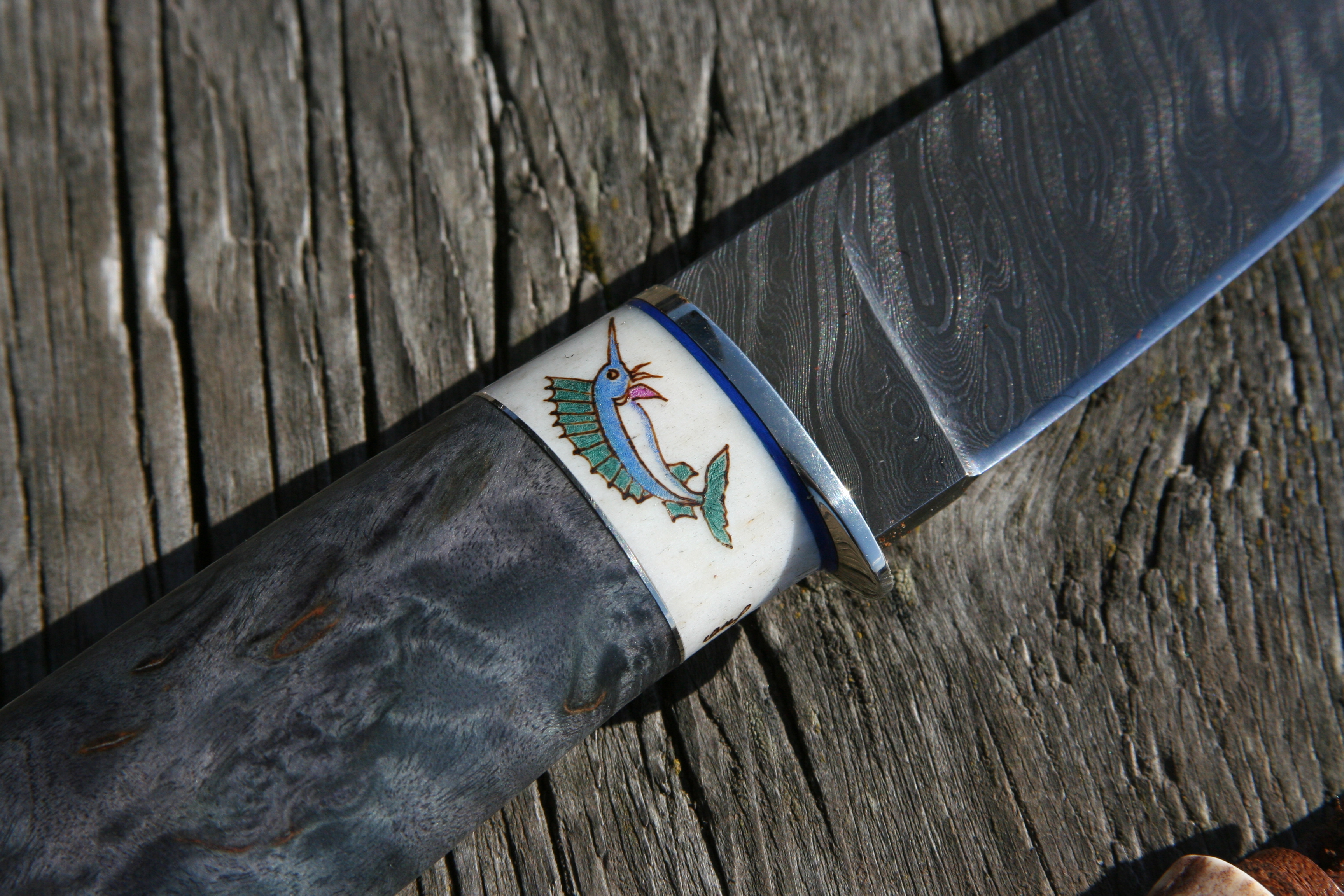 Blue Marlin Scrimshawed High Vanadium Damascus Custom Hunter - 12