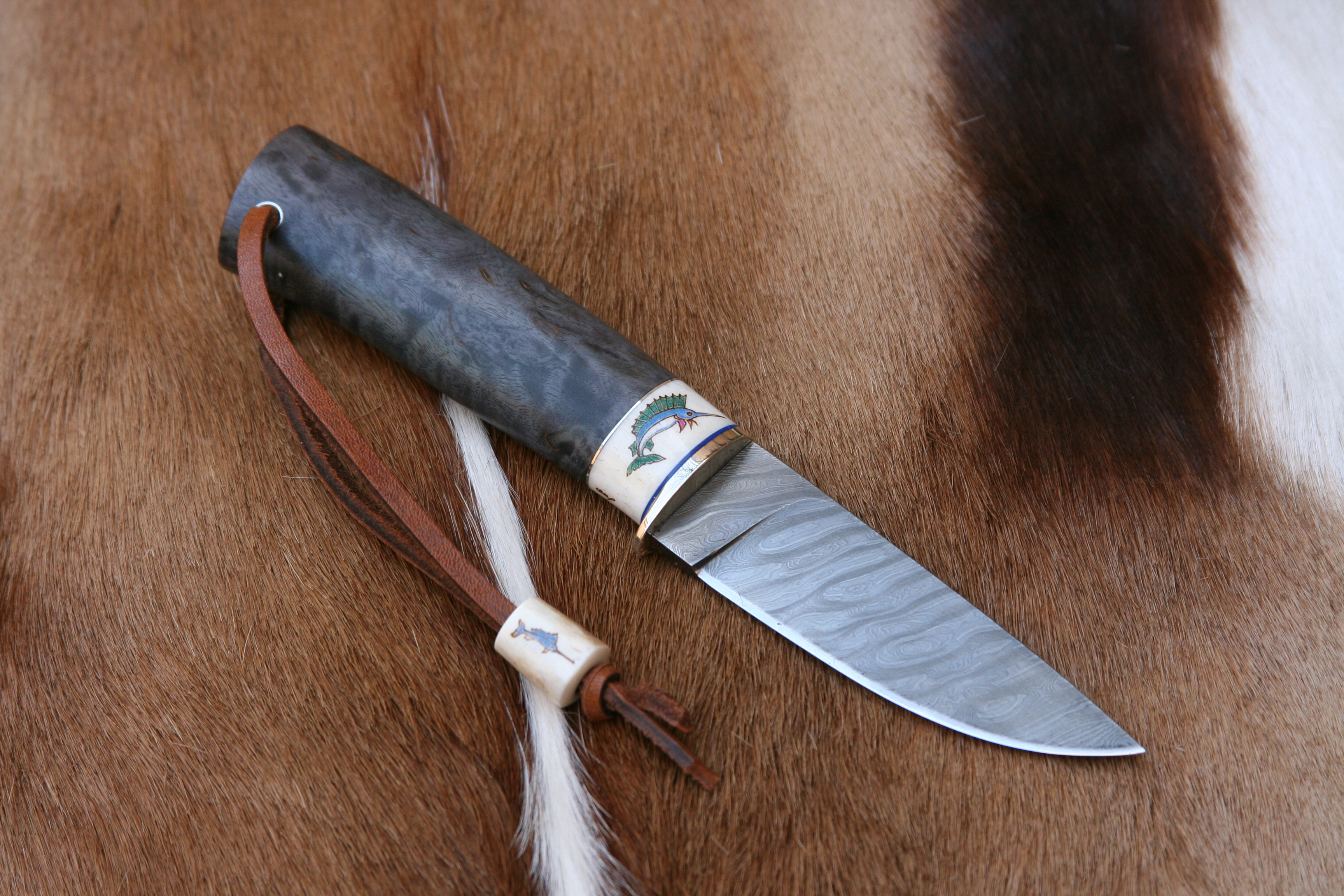 Blue Marlin Scrimshawed High Vanadium Damascus Custom Hunter