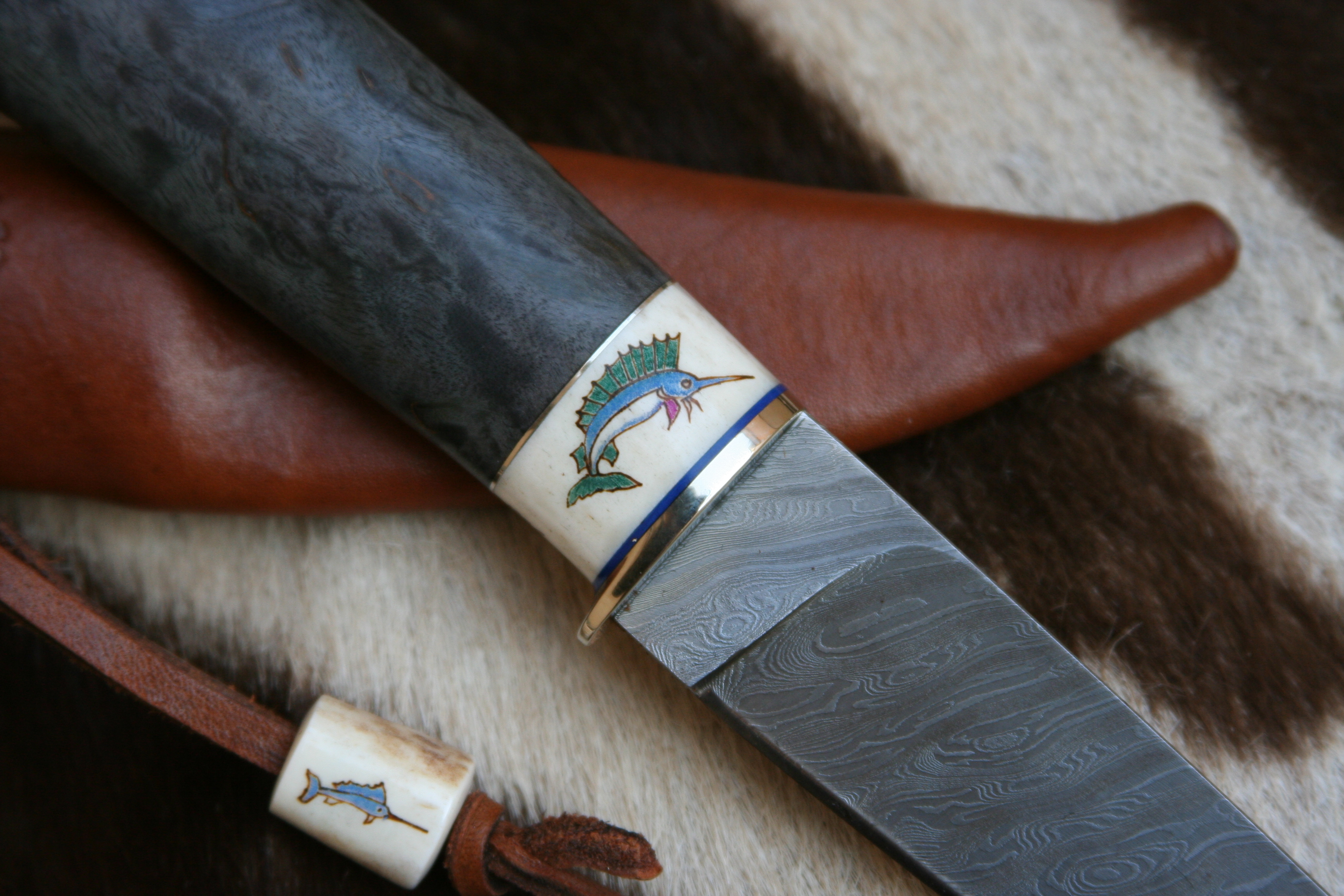 Blue Marlin Scrimshawed High Vanadium Damascus Custom Hunter - 7