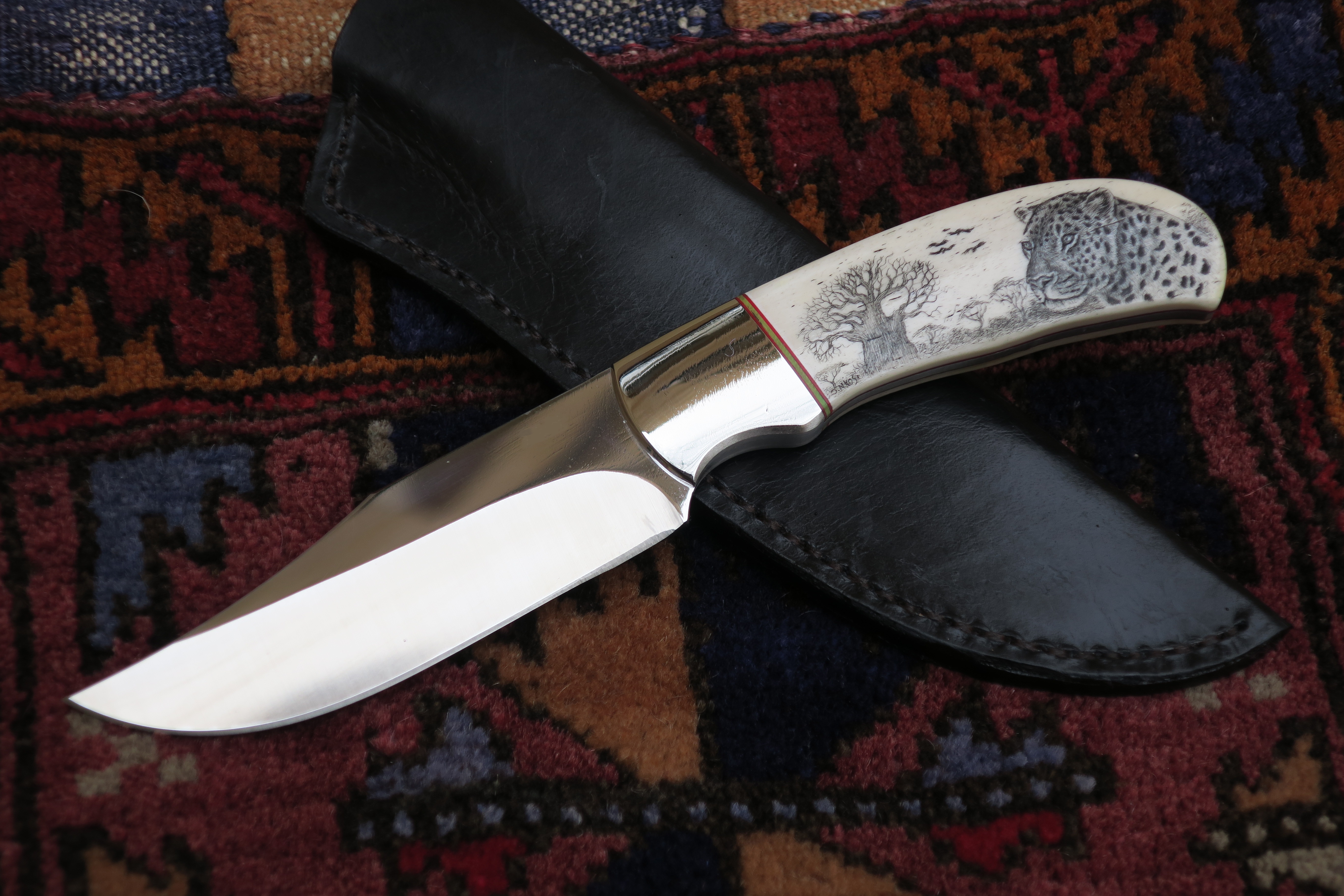Makalös Scrimshaw! Leopard – en medium Utility Hunter knife - 2