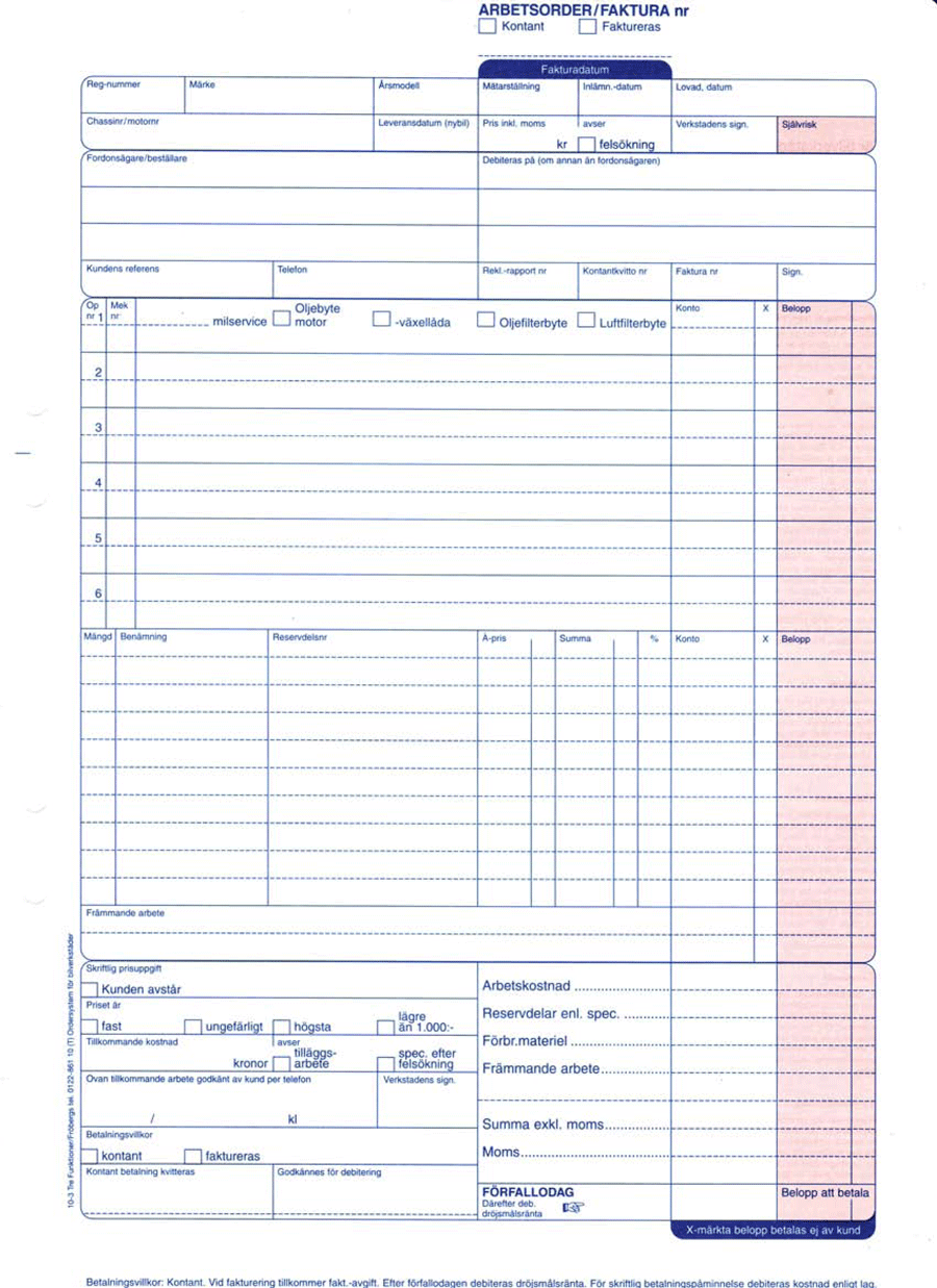 Arbetsorder Faktura A4 - Fröbergs Bil & Verkstad