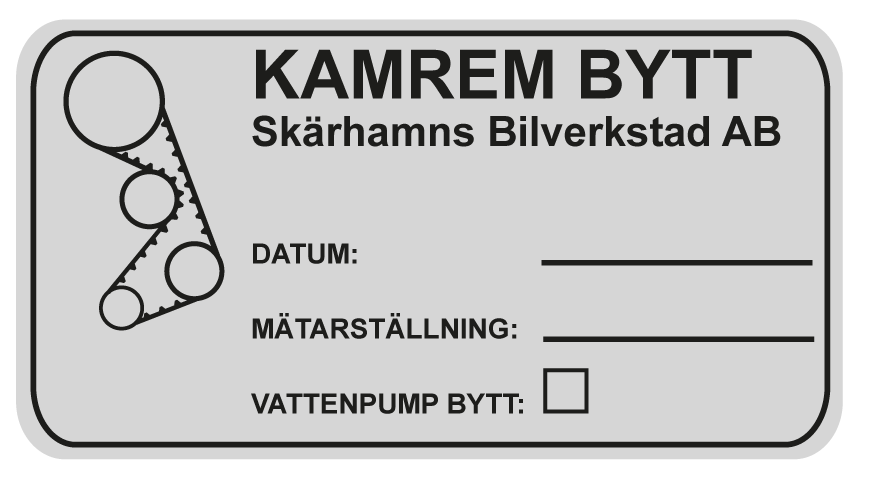 Kamremsbyte sticker med egen text