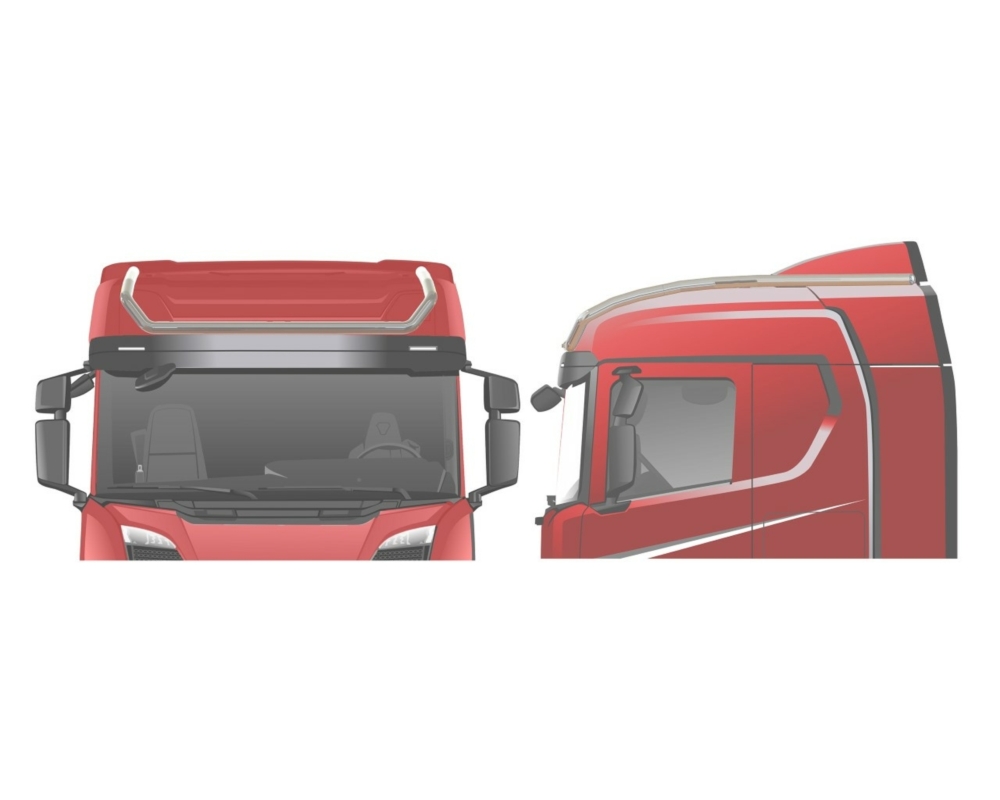 Takbåge Scania NextGen Standard med långa sidoförlängningar 20N, 45cm/53cm sidovindavvisare, täcker Scania original helljus om bilen har
