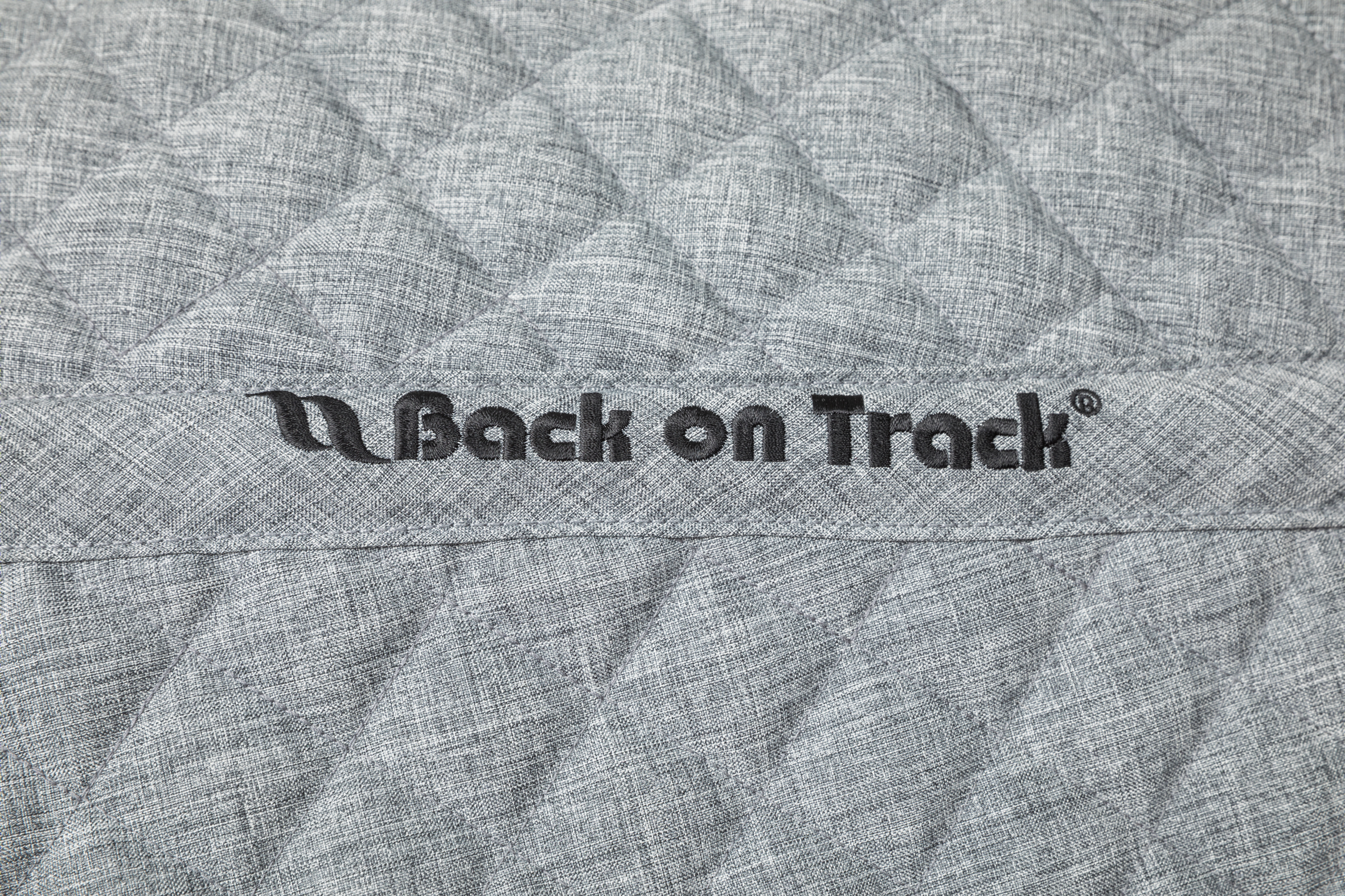 Närbild broderad text "Back on track"