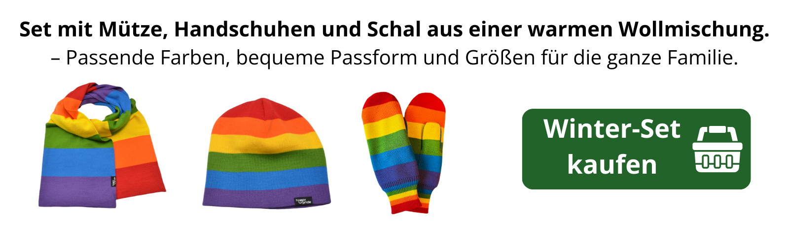 Set mit Mütze, Handschuhen und Schal in einer warmen Wollmischung.