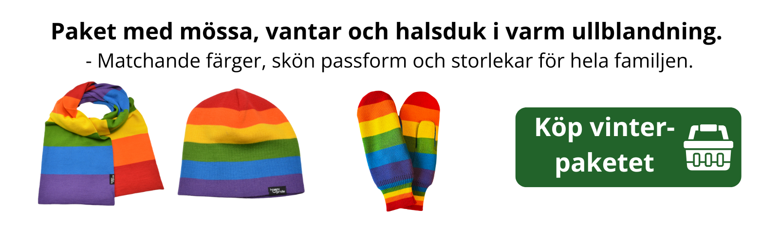 Ett komplett pride vinterkit med mössa, vantar och halsduk i varm ullblandning.