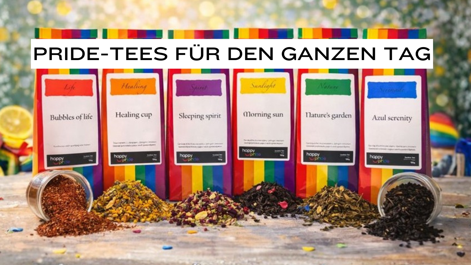 Sechs Tees in den Farben des Regenbogens. Geschmäcker für Morgen, Tag und Abend.