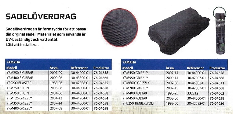 Dynöverdrag Sadel Yamaha ATV