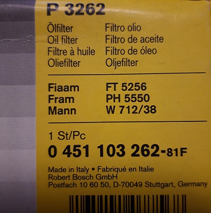 P3262 Oljefilter Bosch 0 451 103 262 