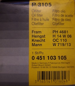 P3105 Oljefilter Ford-Mercedes-Opel  Bosch 0 451 103 105