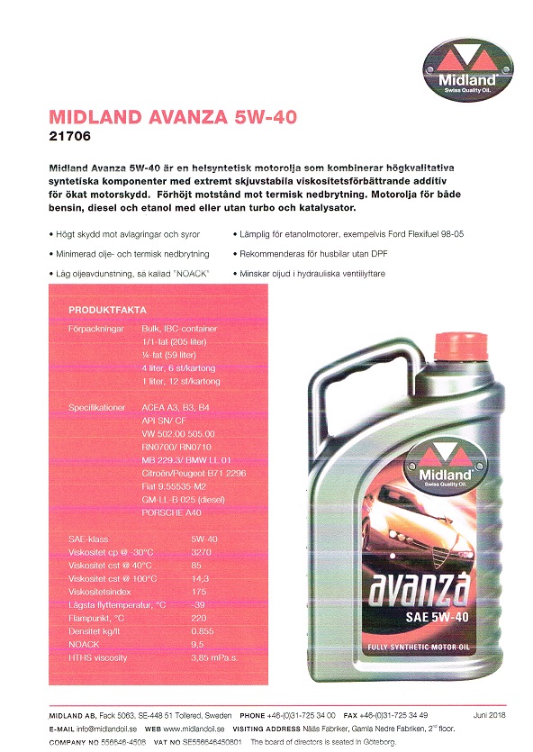 Midland Avanza 5W-40 Helsyntet Motorolja personbil 1 Liter 21706 - 2