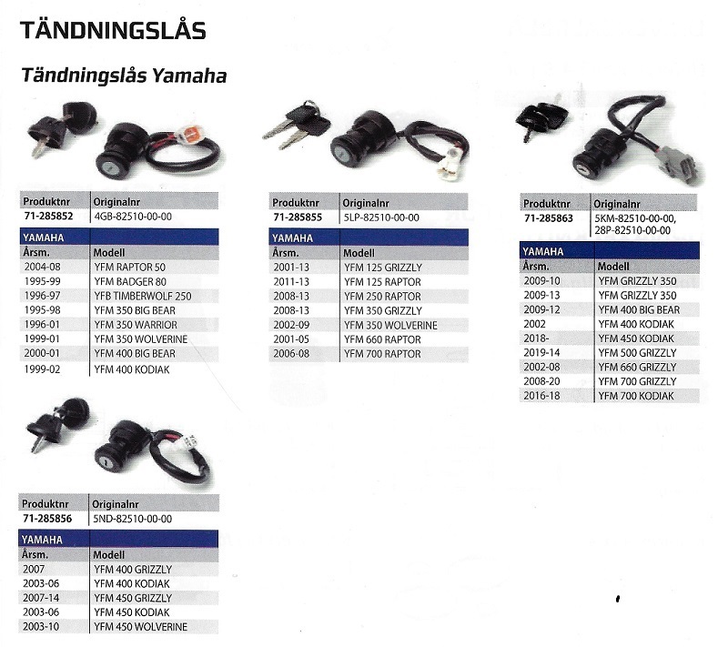 Tändningslås Yamaha ATV 4 hjulingar